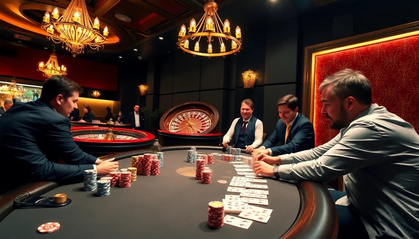 Players strategizing at a high-stakes poker table with casino elements from https://pu88.gr.com/.