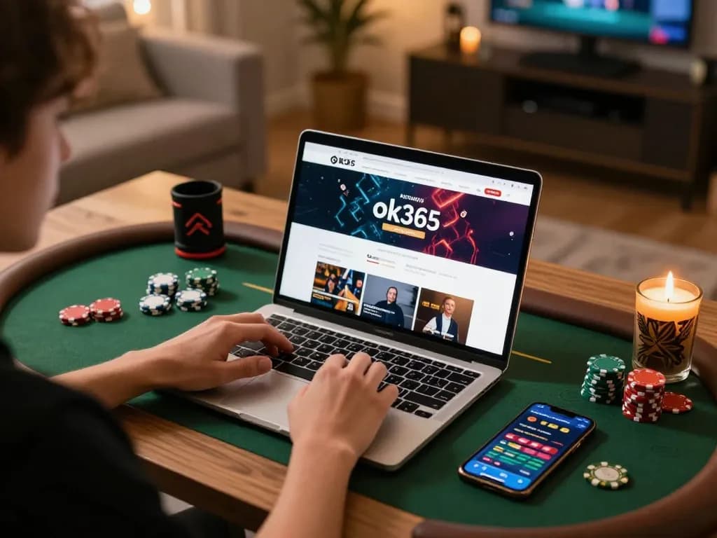 Player enjoying online gambling at ok365 with laptop and poker chips in a cozy setup