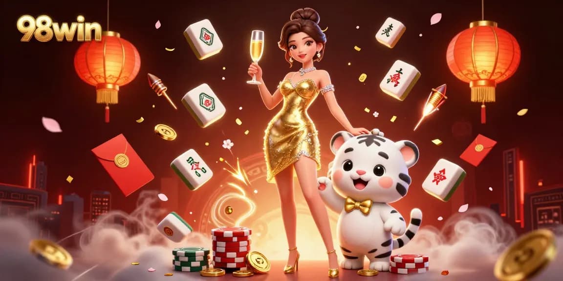 Experience exciting wins at 98win with a glamorous gaming scene featuring a lucky tiger and casino elements.