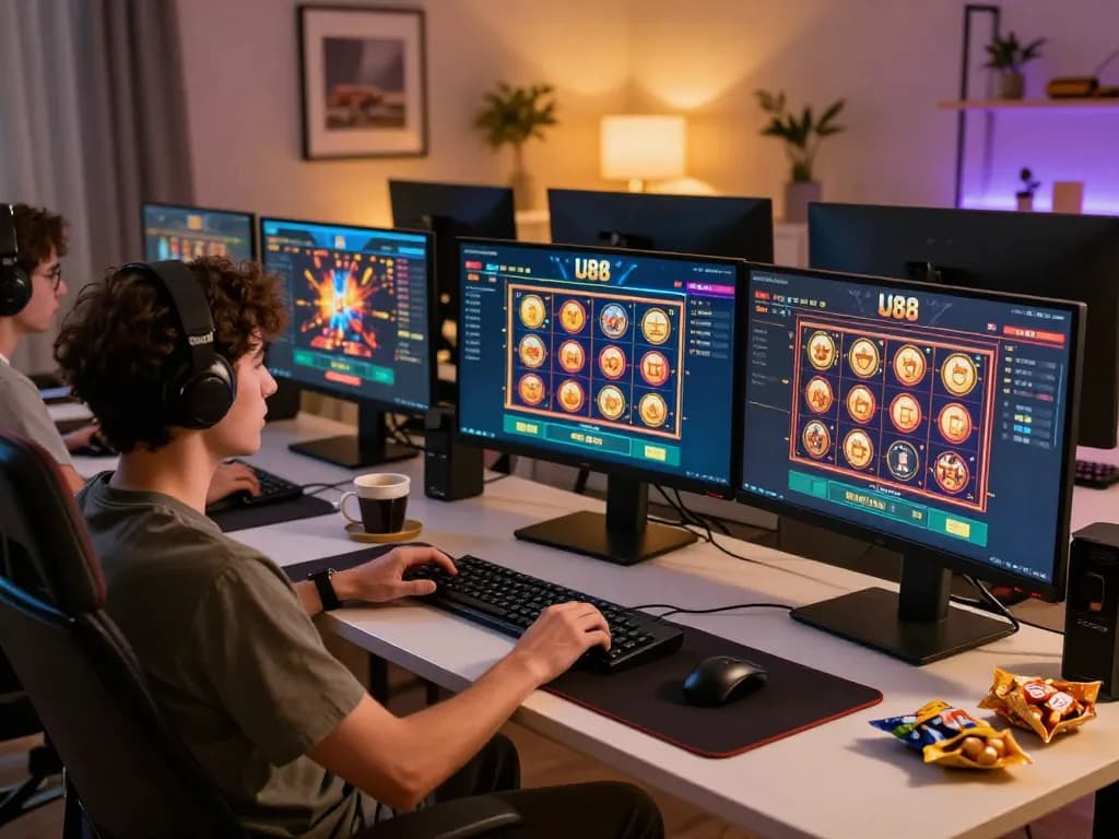 Engaging with the U88 casino platform in a modern home setting, showcasing online gaming excitement.