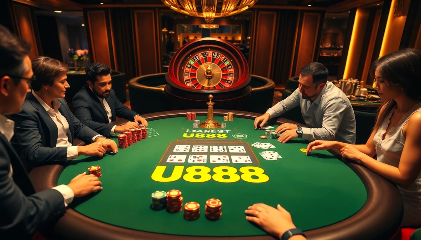 Players enjoying a high-stakes poker game at U888's luxurious casino table.