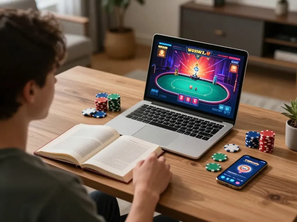 A player enjoying poker on 789club in a cozy home office setup, showcasing a strategic gaming atmosphere.