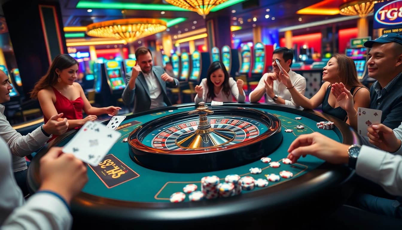 Experience excitement at the TG88 gaming table with vibrant roulette play and cascading poker chips.