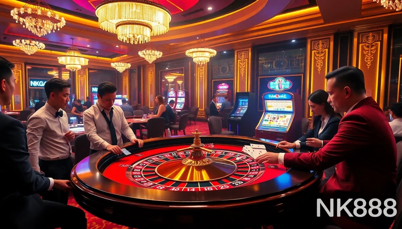 NK88 casino scene showcasing an exciting roulette table with high-stakes players and vibrant decor.