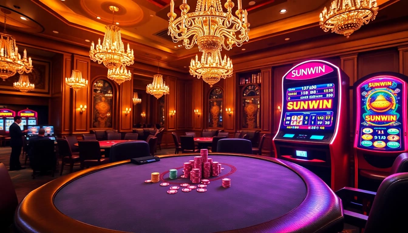 Experience thrilling gameplay at SUNWIN casino with an elegant poker table and vibrant chips.