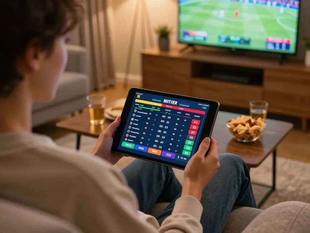 Person using vebotv app for sports betting at home, engaged in live action with snacks.