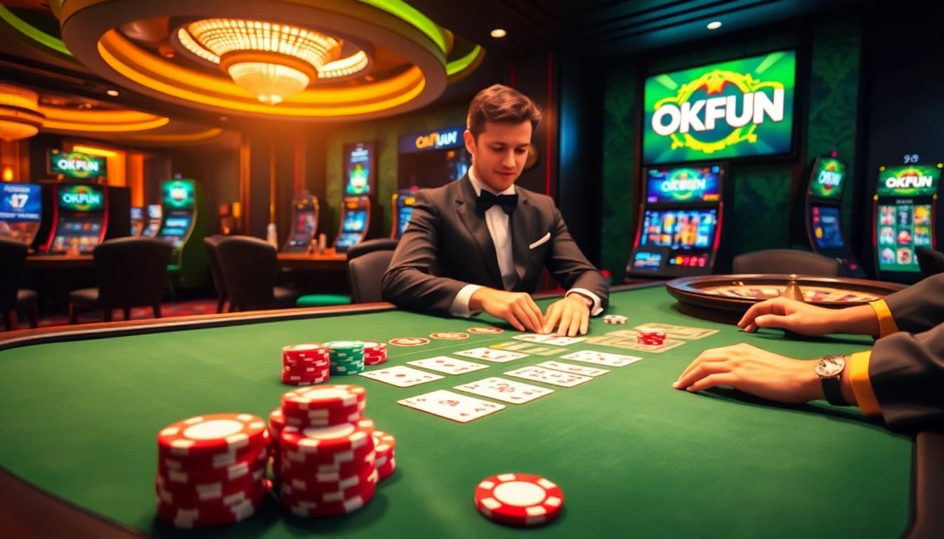 Experience lively poker action at OKFUN casino with vibrant chips and engaging gameplay.