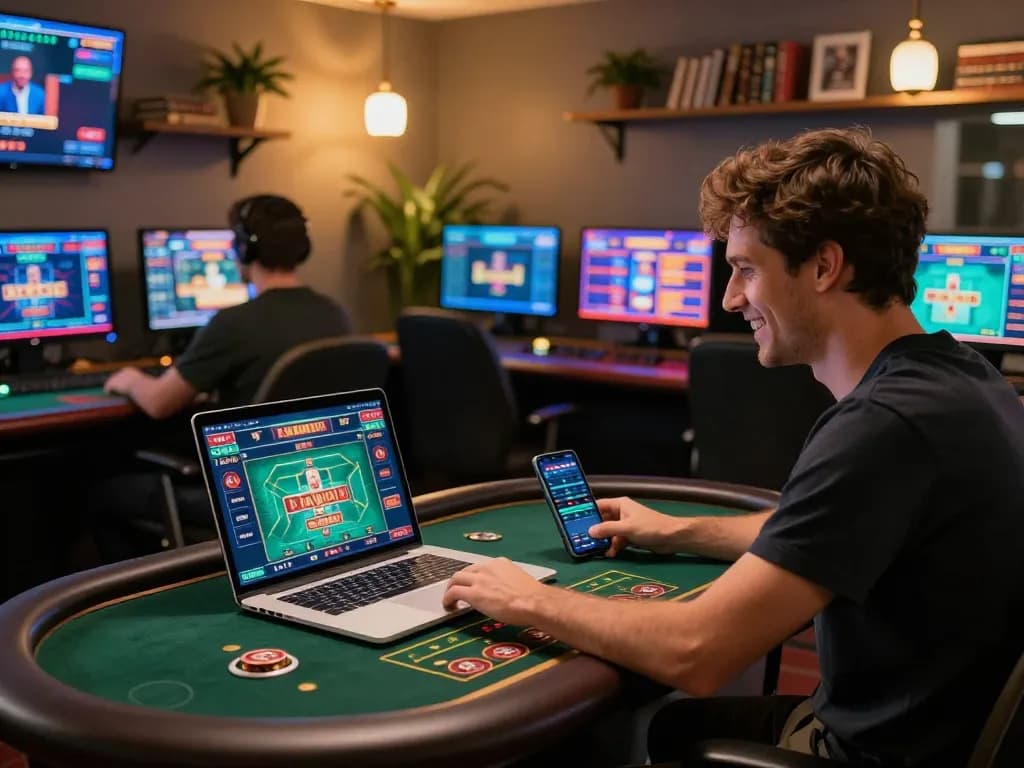 A player engages with an online gambling setup featuring live dealer and betting apps, highlighting the excitement of alo8