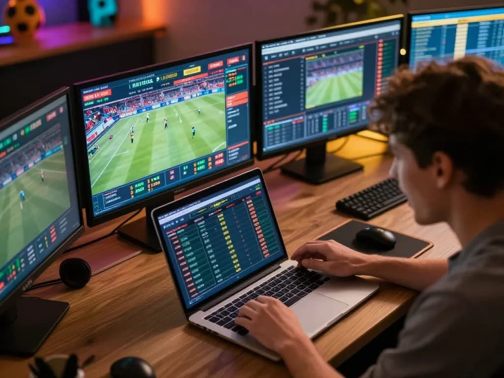 Engaging user at home betting on sports online via mb66-t, showcasing excitement and strategy.