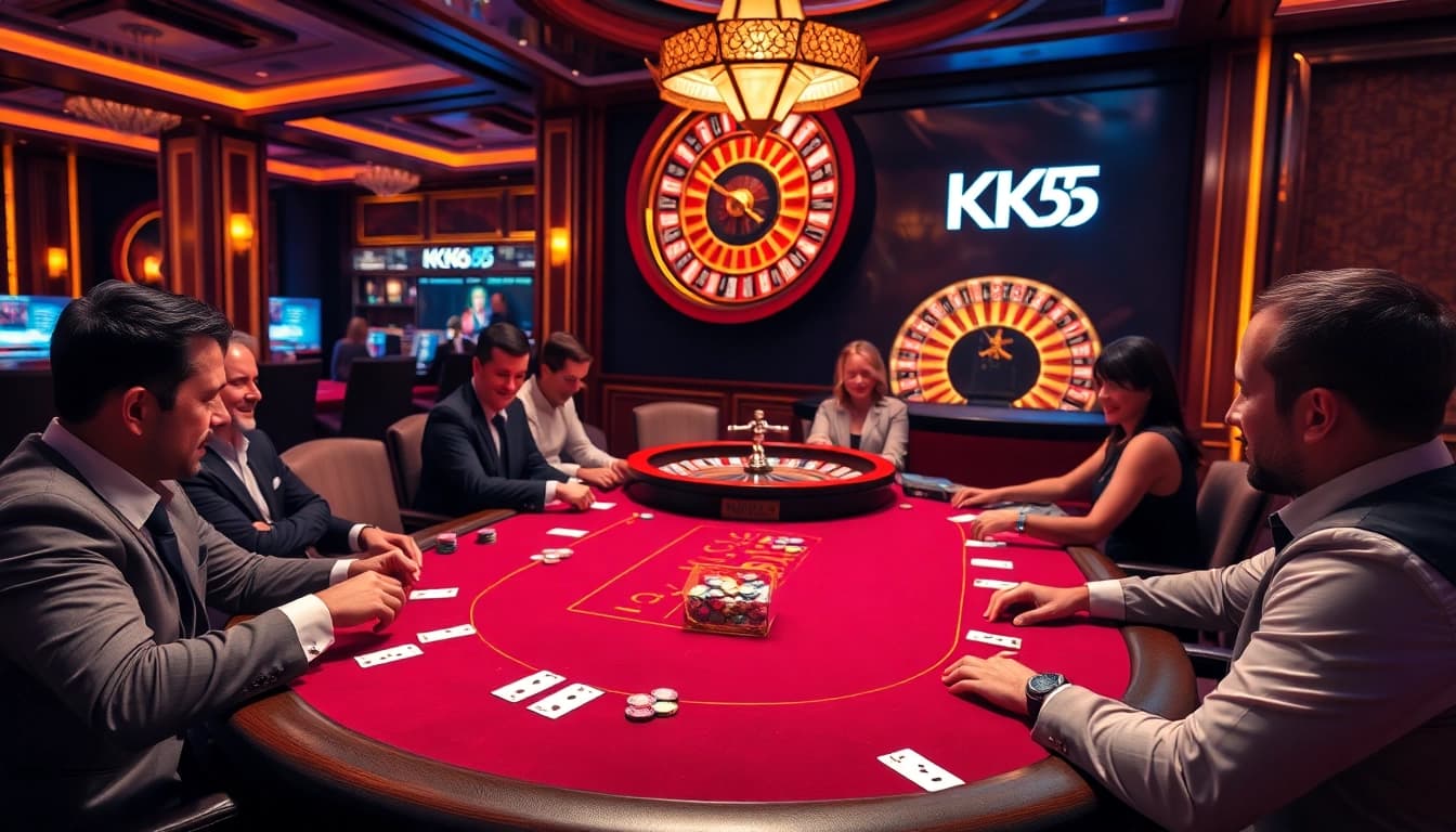 Experience the thrill of KK55 at a luxurious poker table, cards and chips in an exciting casino setting.