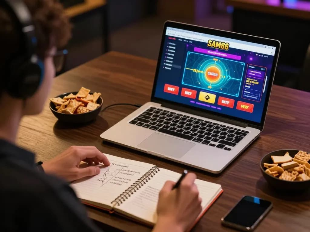 Player engaging in SAM86 online casino, showcasing vibrant gaming interface and strategic preparations.