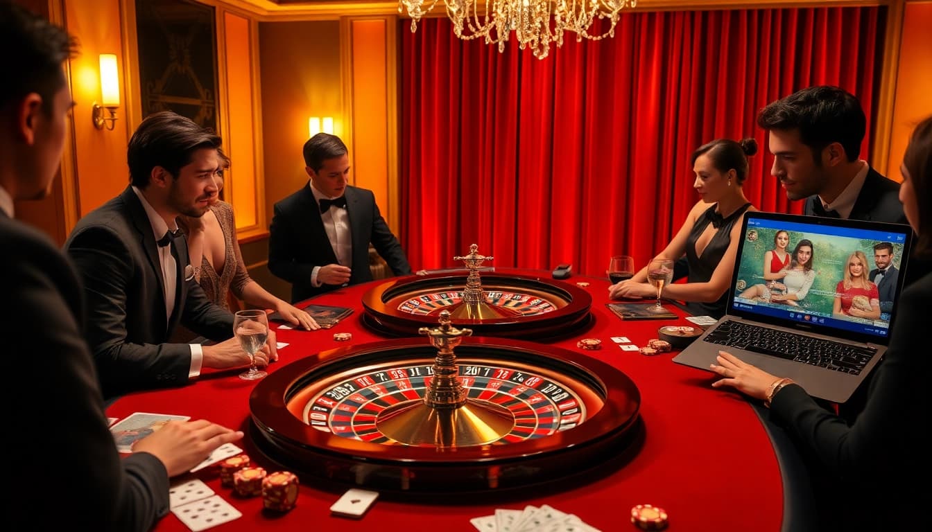 KJC players enjoying an intense game at a luxurious roulette table in a casino.
