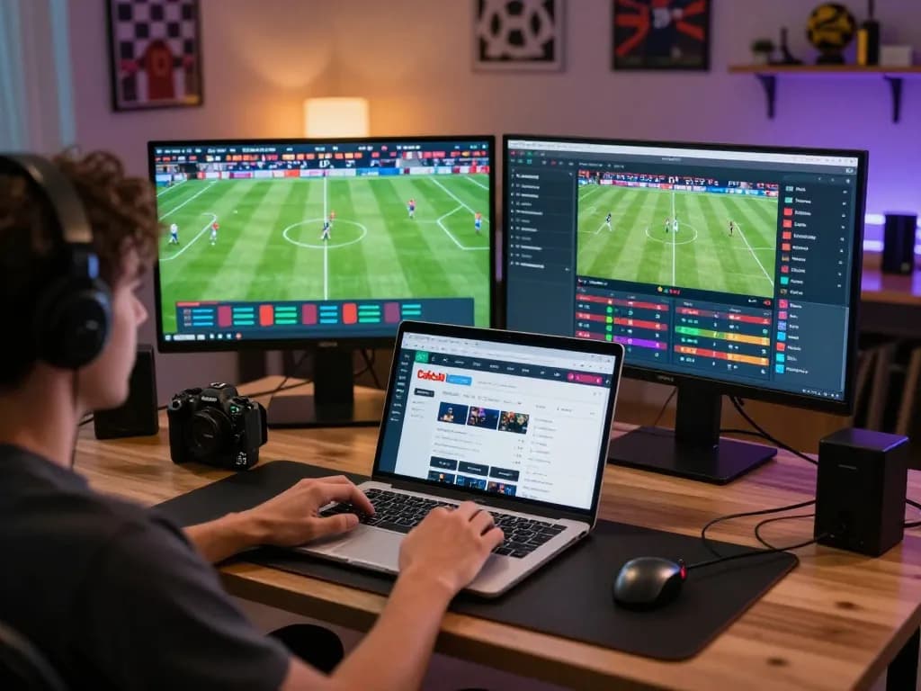 CakhiaTV sports streaming setup with user engaging in online betting, showcasing excitement and strategic gameplay.