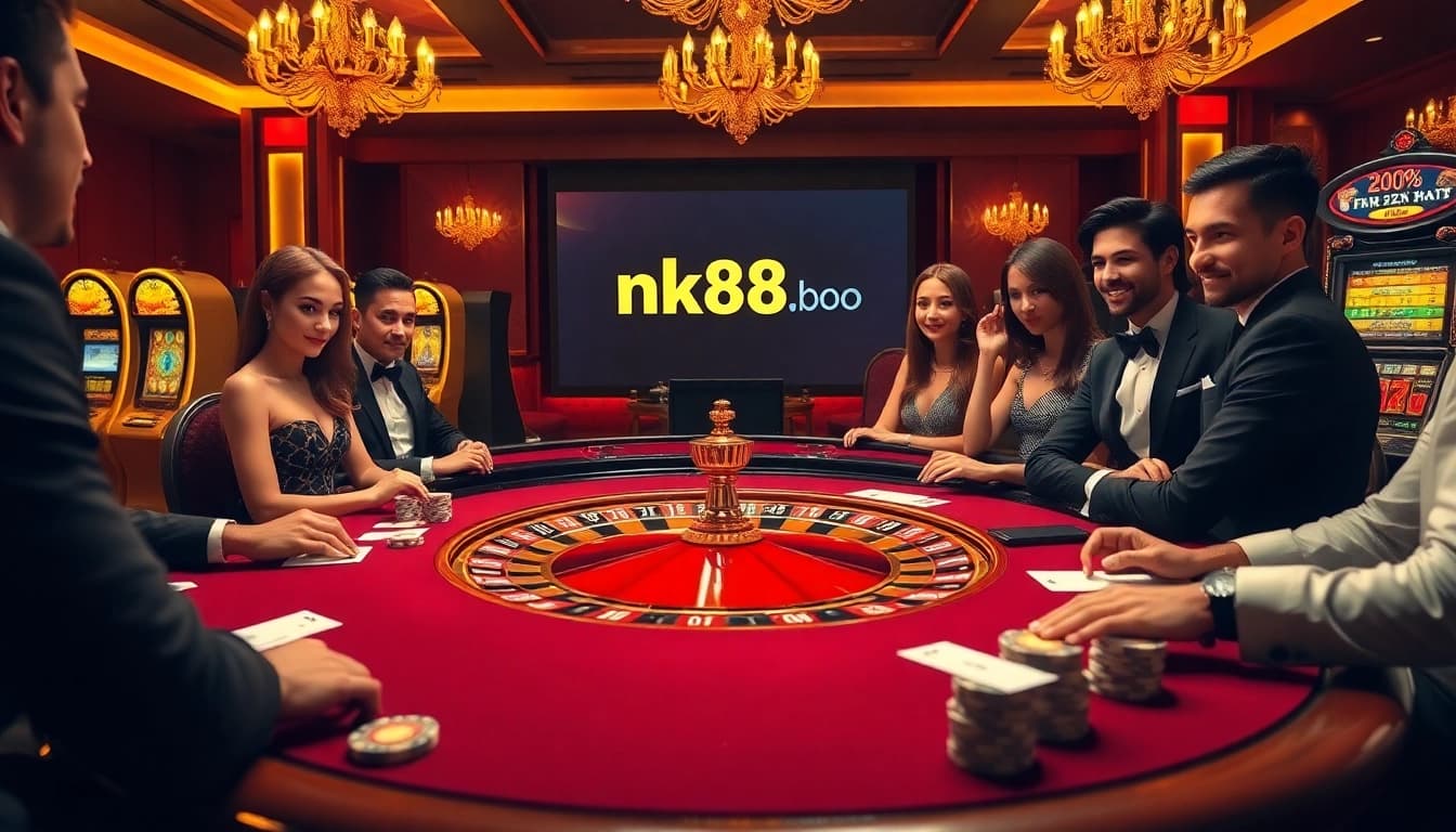 Players enjoying the excitement of casino games at https://nk88.boo/, with roulette and slot machines in a vibrant environment.
