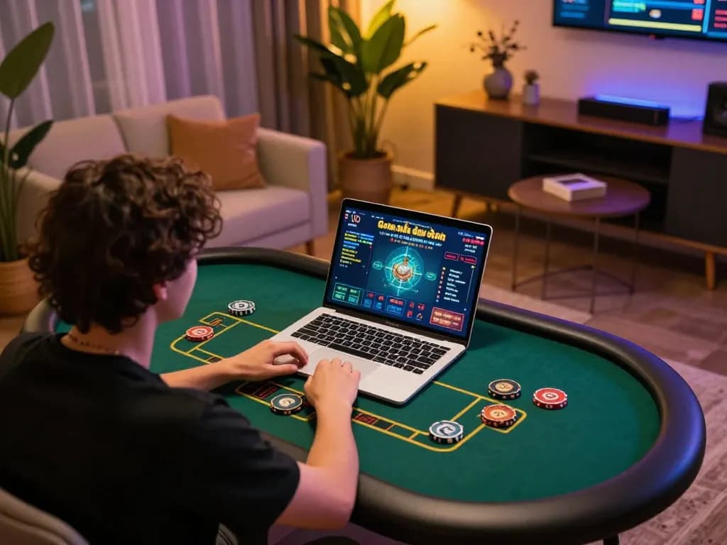 Engaging gameplay of Game bài đổi thưởng displayed on laptop, showcasing strategic betting actions in a cozy home setting