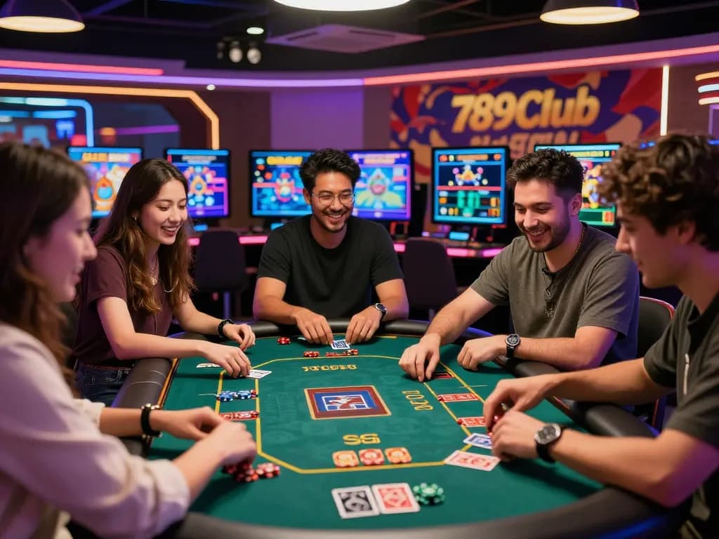 Group enjoying link 789club mới nhất in a vibrant online gaming environment with dynamic graphics.