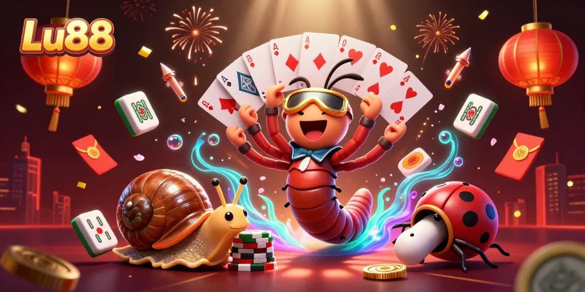 Lu88's vibrant casino scene depicts a millipede dealer and high-rolling players with chips.