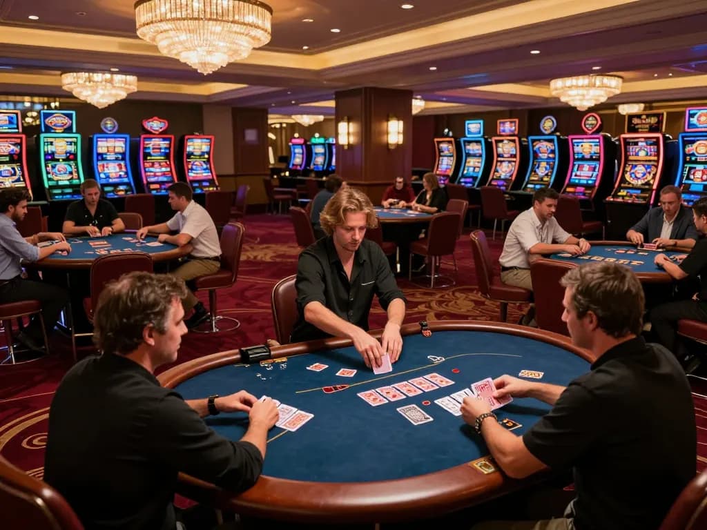 Engaging players experience SC88 BET at a luxurious casino poker table amid vibrant atmosphere.