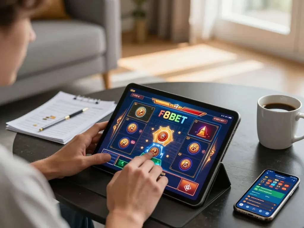 Player enjoying F8BET online slots on tablet in a cozy living room setup