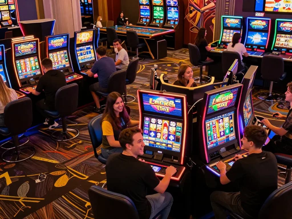 Luck8 players engaging with colorful slot machines at an online casino, showcasing excitement and gaming action.