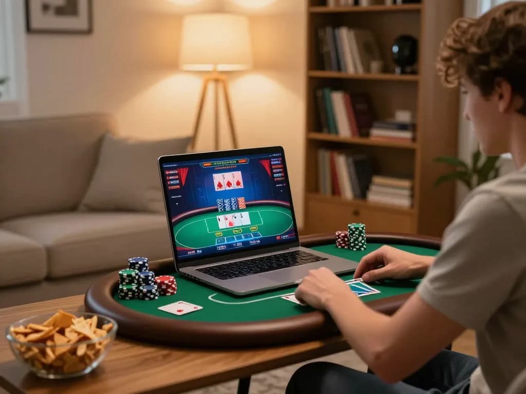 Person engaged in online poker on a laptop, showcasing the nhacaiuytinn experience with cozy home atmosphere and strategic gameplay.