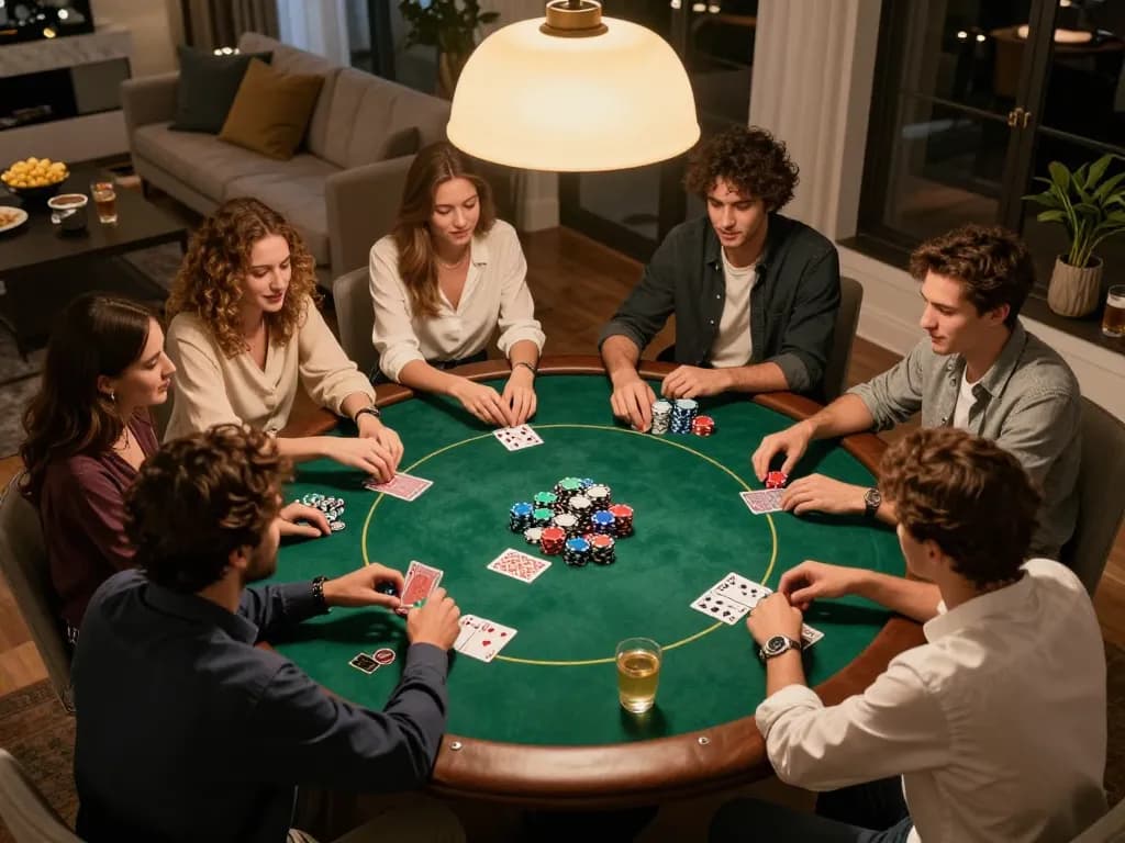 Social poker game with friends enjoying 79KING themed night, vibrant chips and cards on a cozy table.