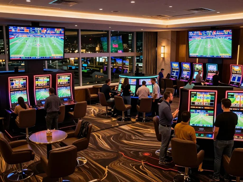Betting enthusiasts engaging with live screens at s666no1 sports betting area.