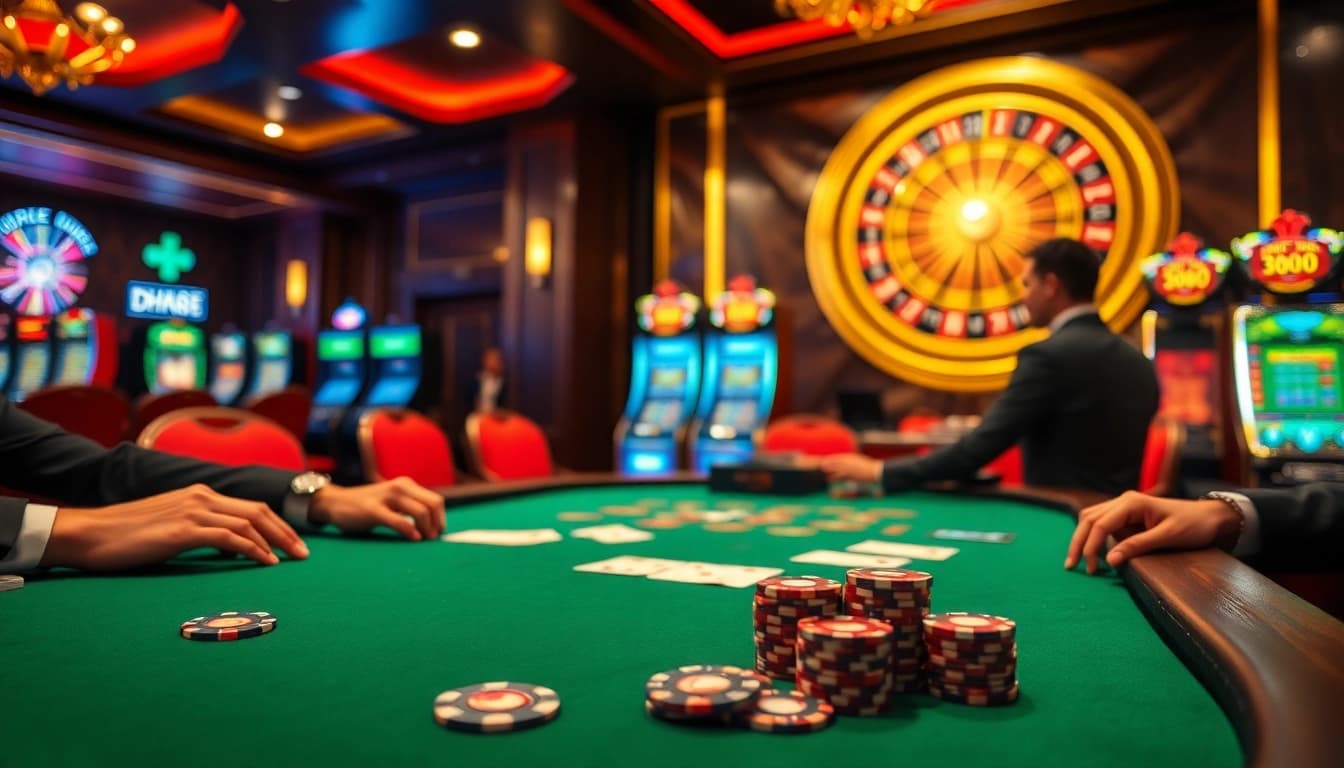 Players engage in an intense game at the luxurious dh88-themed poker table, surrounded by casino excitement.