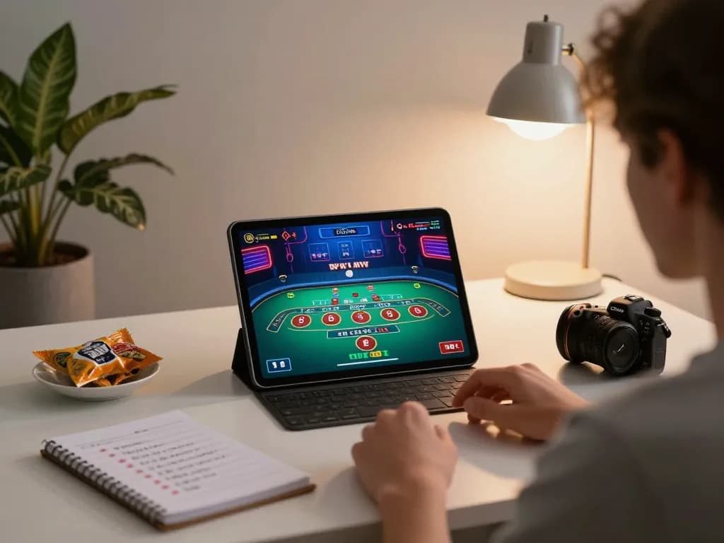 MISO88 user engaging in live baccarat gameplay on a tablet in a cozy home setting, showcasing strategy.