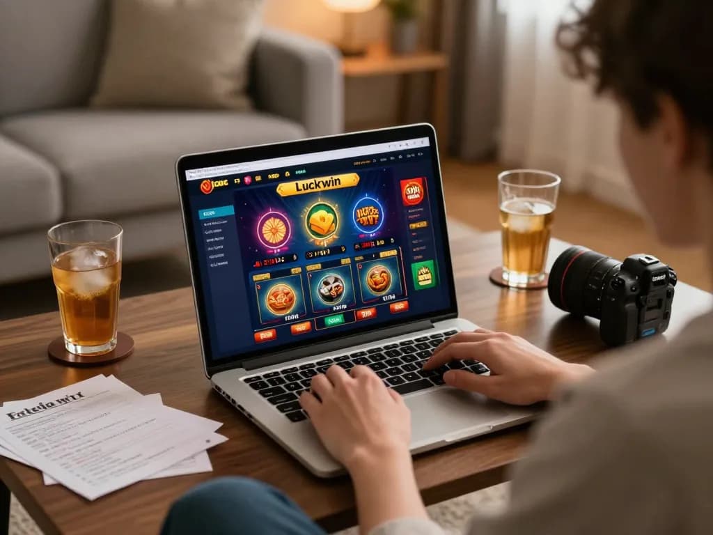 Engaging moment at luckywin online casino with player immersed in gaming interface at home.