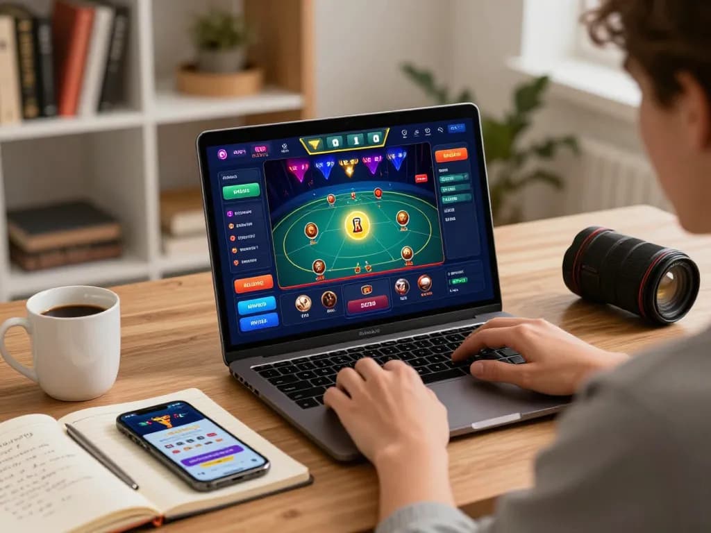 MAY88 player engaging in an online casino game on a laptop in a cozy home office.