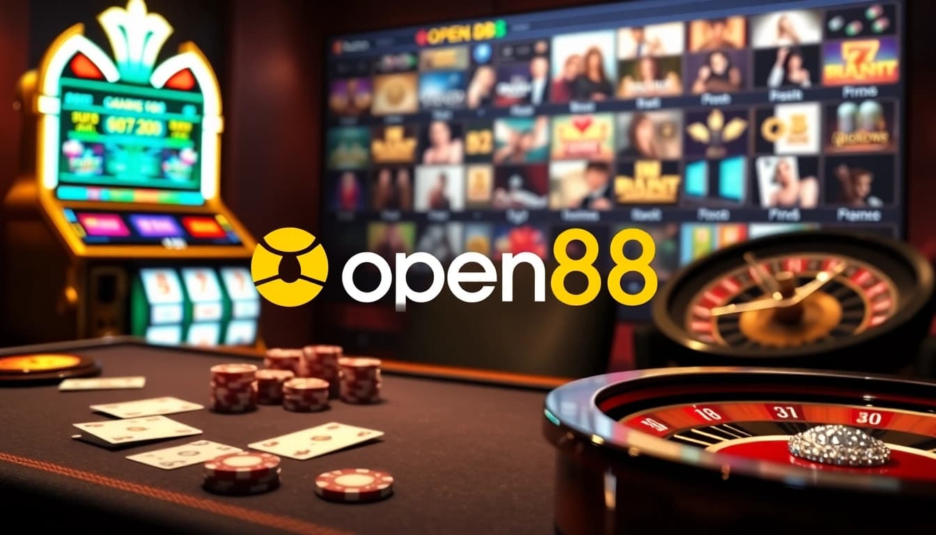 Engaging gambling scene highlighting the open88 brand with casino tables and vibrant slot machines.