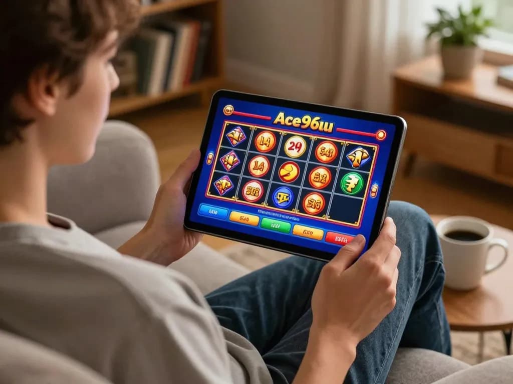 A player enjoying engaging gameplay on Ace96au casino app on a cozy sofa.