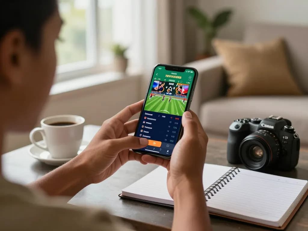 Engaging sports betting moment with 58win app on smartphone, capturing live odds in a cozy environment.