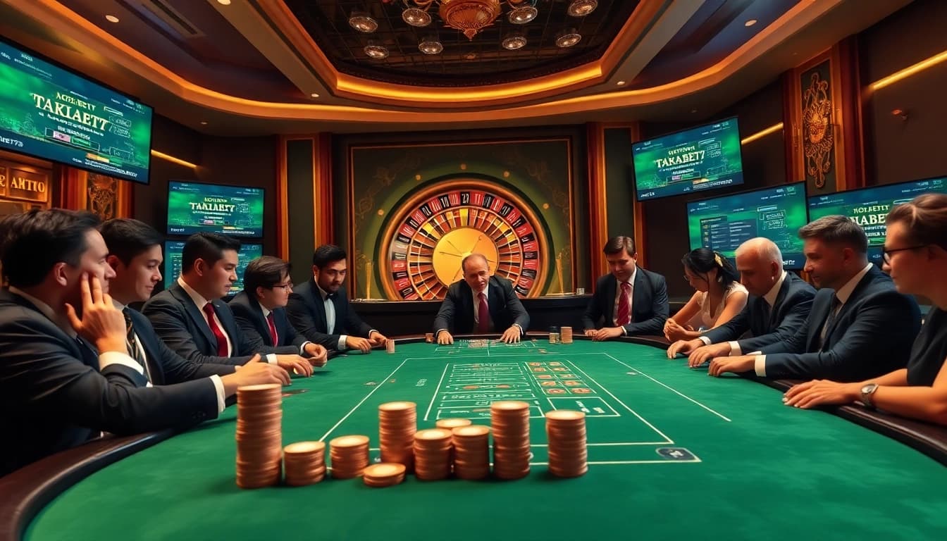 Players at a poker table enjoying high-stakes action at https://thabet77.org/ casino, surrounded by vibrant atmosphere and luxury.