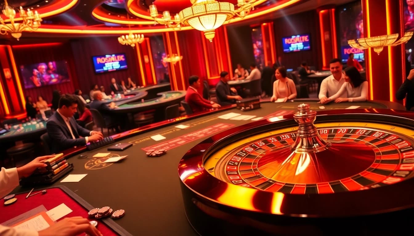 Join the action at https://lc88app.com/ with a stunning casino scene featuring a lively roulette wheel and poker table.