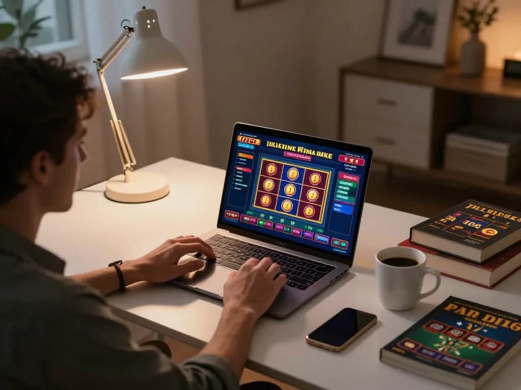 Player engaging with GG88 online casino gaming on a laptop screen in a cozy home office