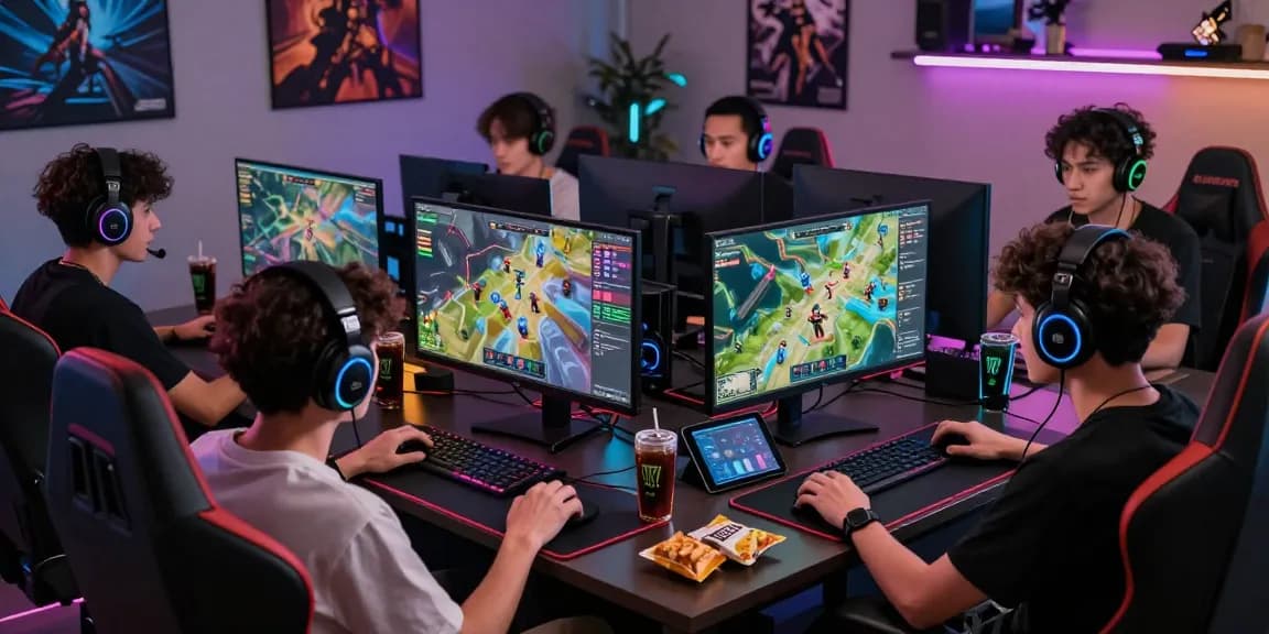 Engaged gamers in a vibrant online MMOO gaming setup, showcasing dynamic collaboration and technology.