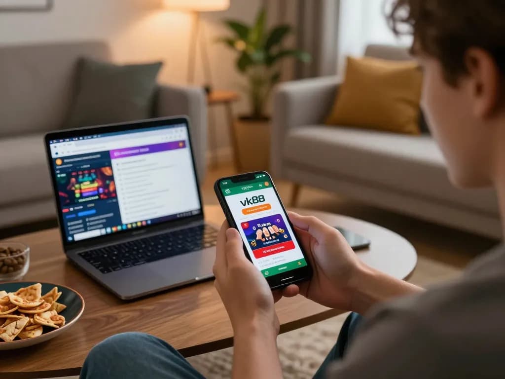 Experience vk88 online gaming with a user engaging in mobile gambling in a cozy living room setup