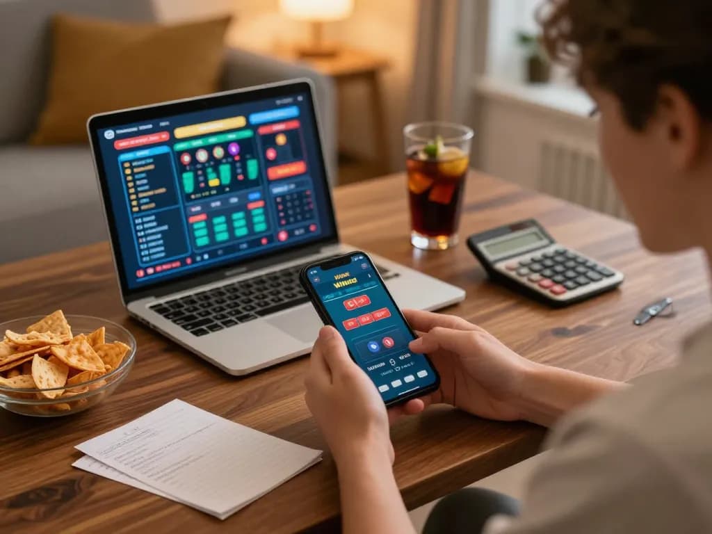 Engaging moment of a player using the Winbd app for online betting at home with strategic notes visible.