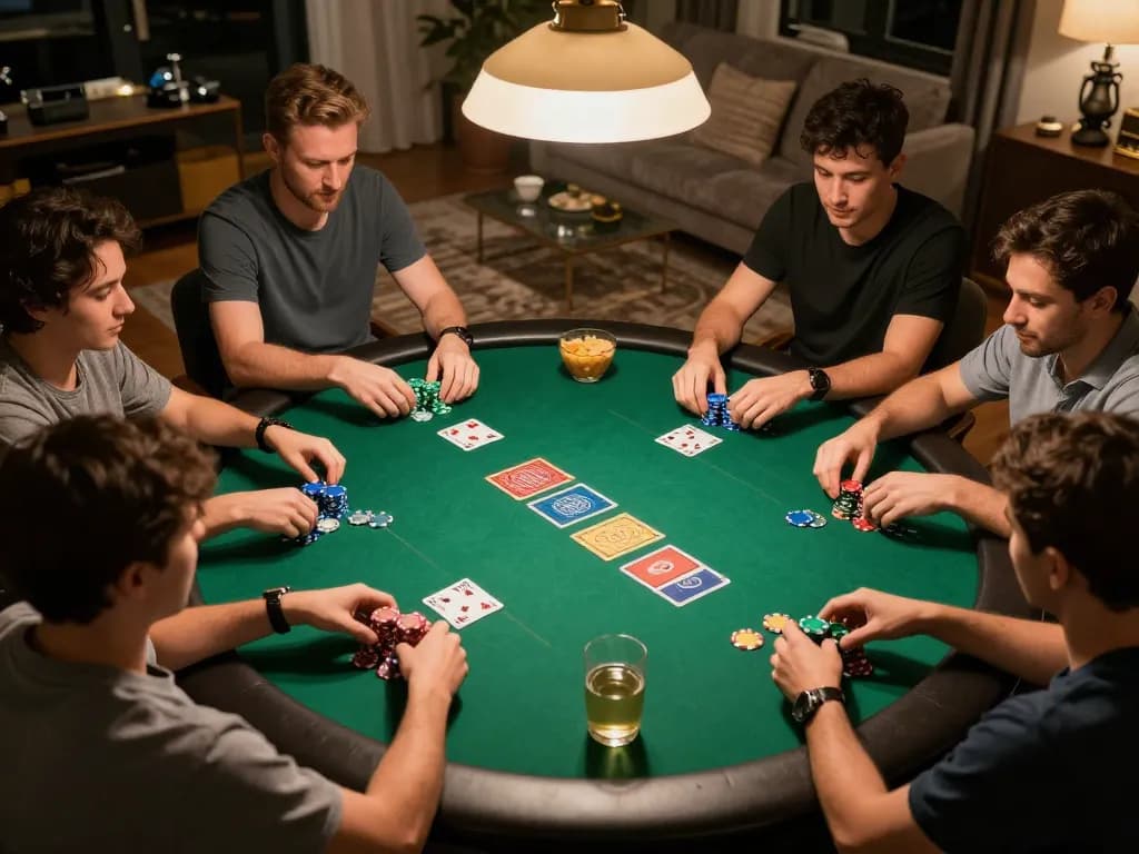 Friends enjoying an exciting poker game at home, showcasing aspects of okking in a lively social atmosphere.