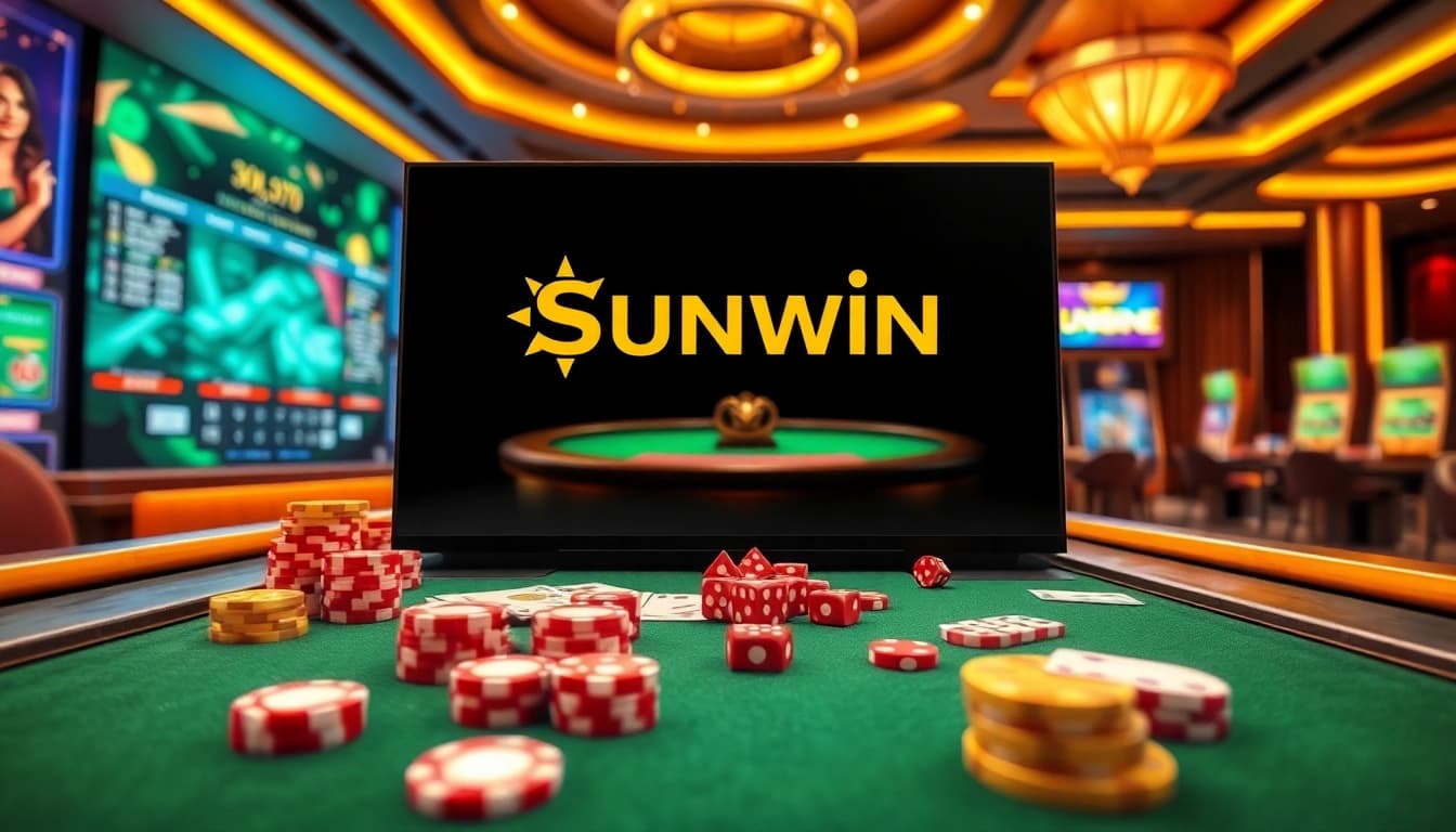 Experience exhilarating gameplay at Sunwin with vibrant casino visuals of cards, chips, and interactive tables.