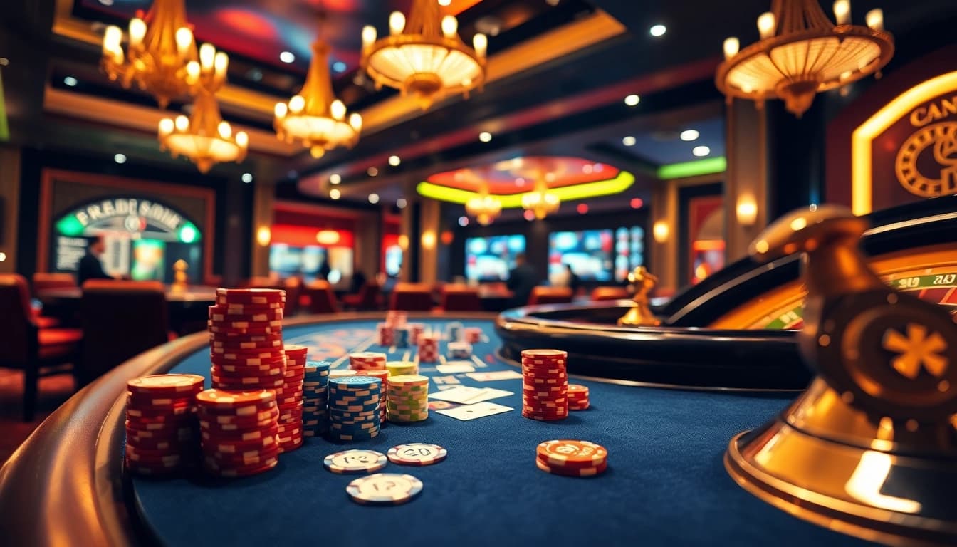 Players engaging in exciting games on the trang chủ kp88 casino, featuring vibrant poker chips and roulette wheels.