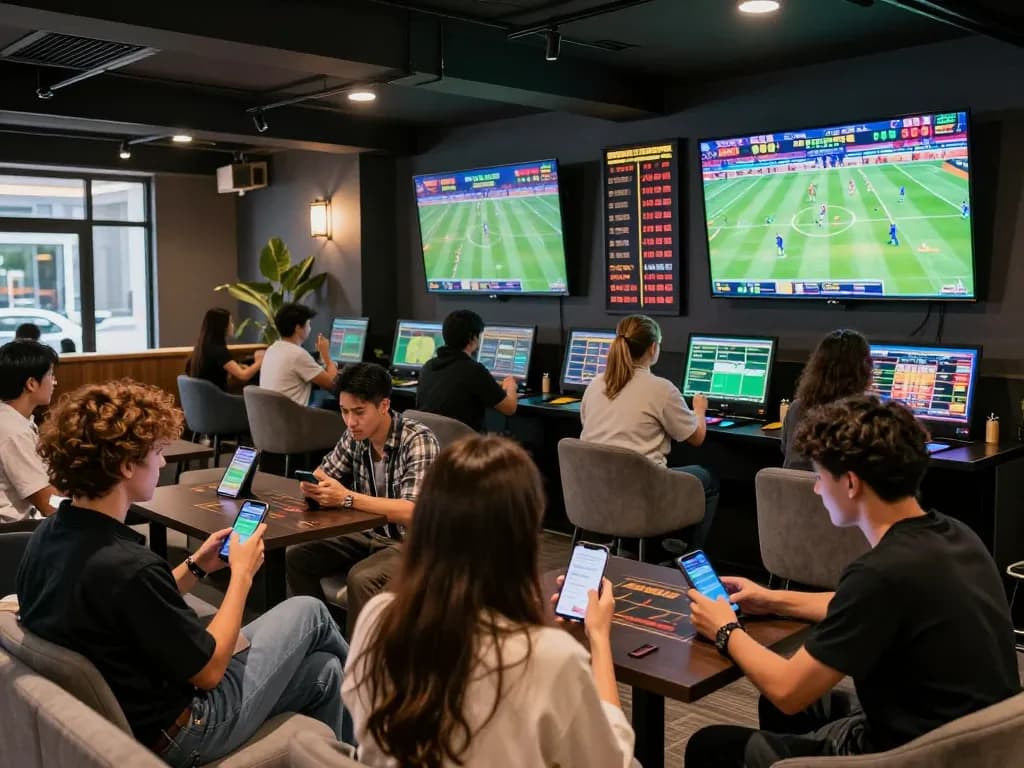 Engaged bettors using their devices at 789win's stylish sports betting lounge during live events.