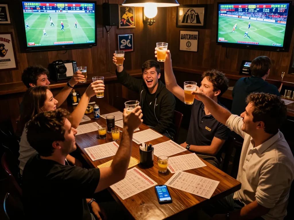 Cheering sports fans engaging in fly88 betting with energetic atmosphere and multiple screens.