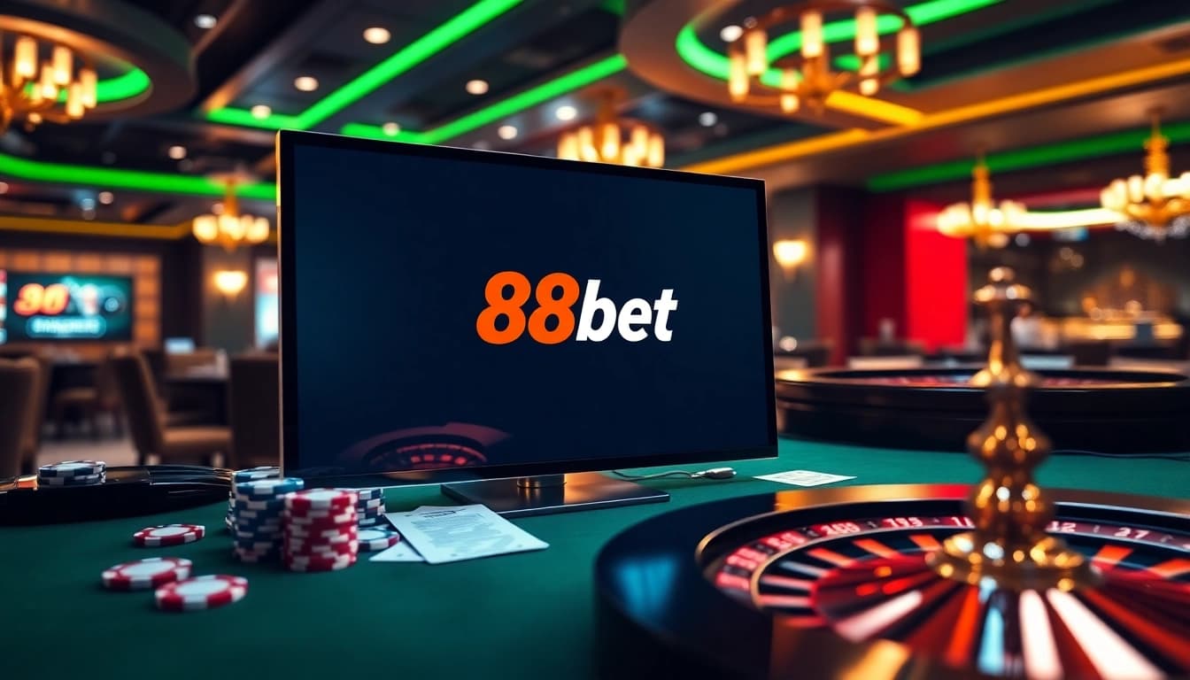 Exciting 88bet online gambling scene featuring betting slips and a roulette wheel.