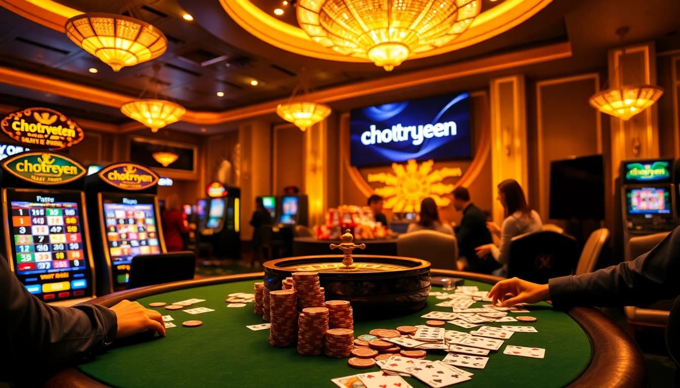 Engaging scene of a high-stakes poker game at a casino, showcasing chotruyen excitement with players and vibrant decor.