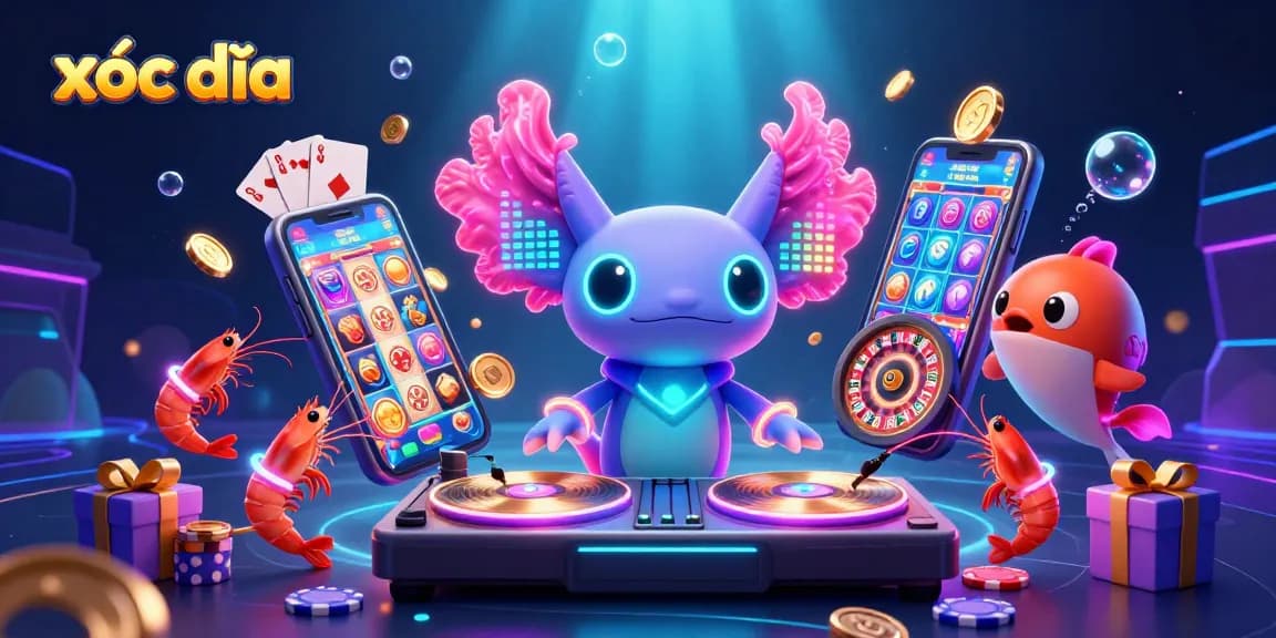 Xóc đĩa action featuring a vibrant axolotl DJ and interactive gaming elements in a lively underwater casino.