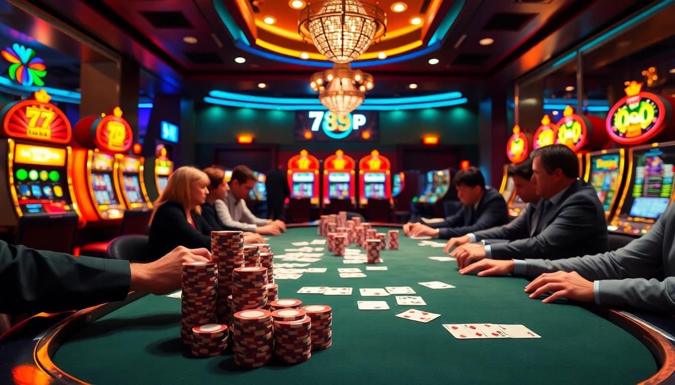 Players engage in a thrilling poker game at a casino table featuring chips and 789P branding.