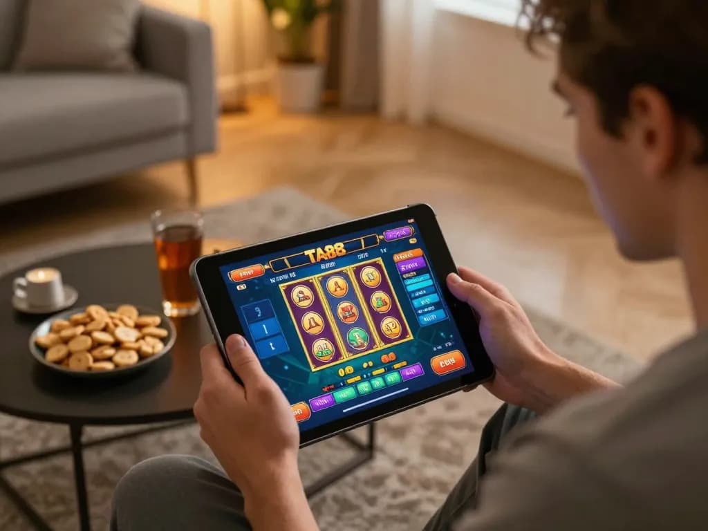 Engaging with TA88 online casino games on a tablet in a cozy home environment.